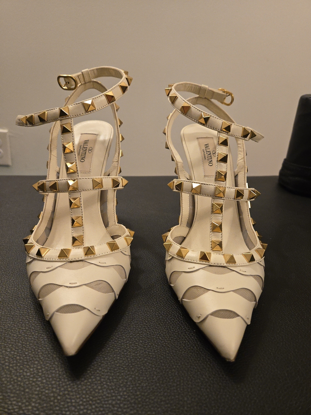 Valentino Garavani Rockstud Ivory Pointed-Toe T-Strap Pumps